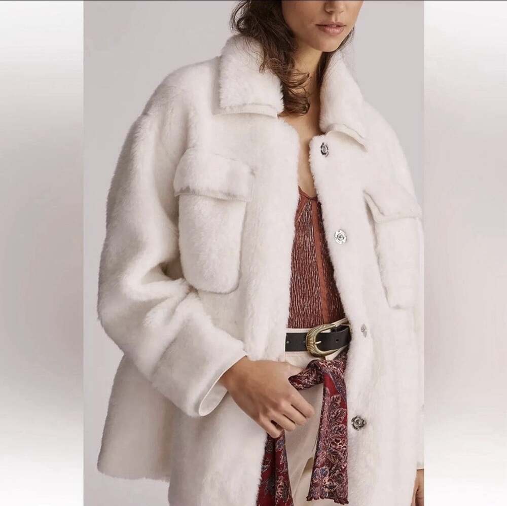 Anthropologie Maeve Faux Fur Chore Coat 2X NWT White Cinch Waist Plus Size
